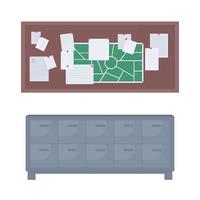 Filing cabinet and cork board semi flat color vector objects