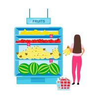 Woman buying fruits at grocery store semi flat color vector character