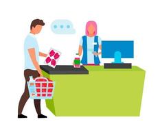 Cashier scanning customer products semi flat color vector characters