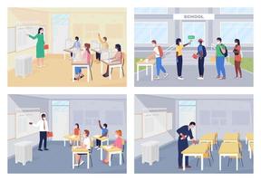 After covid pandemic rules at school flat vector illustration set