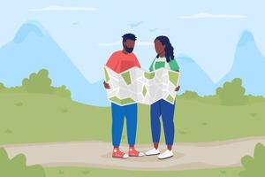 Trekkers with map on road flat color vector illustration