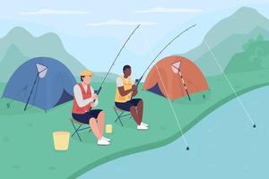 Male tourists fishing flat color vector illustration