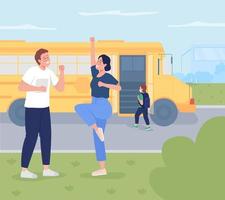 Parent send child to school flat color vector illustration