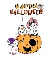 Cute kitten cats witch hat party funny face orange pumpkin Halloween vector