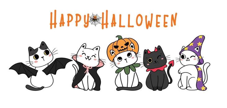 Cute kitten cats witch hat party funny orange pumpkin Happy Halloween vector