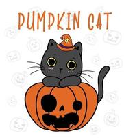 cute Black kitten cat on funny face craved pumpkin, Halloween Pumpkin vector