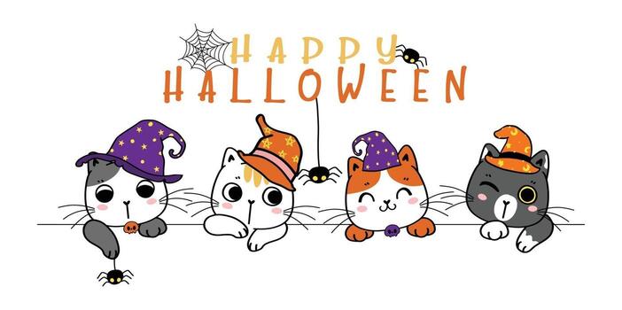 cute Happy Halloween banner funny kitten cat in costume cartoon flat vector