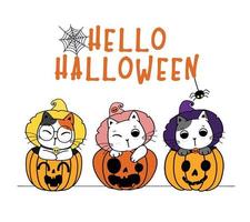 cute Hello Halloween funny kitten cat costume in Pumpkin cartoon flat vector