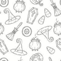 Seamless pattern with Halloween icons in sketch style. vector