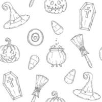 Seamless pattern with Halloween icons  in sketch style. vector