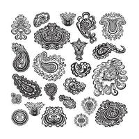 Conjunto en blanco y negro de elementos de Paisley aislado sobre fondo blanco. vector