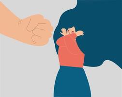 A big fist threatens a woman. Girl protects herself. Stop the violence vector