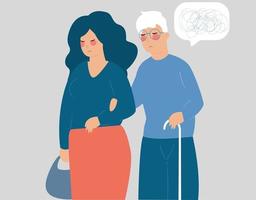 Woman cares an old man with stick. Social senior help. Mental health. vector