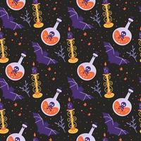 Halloween seamless pattern with bat, poison potion and candle. vector