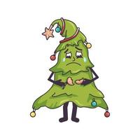 Sad crying Christmas tree with tears in her eyes and a broken toy vector