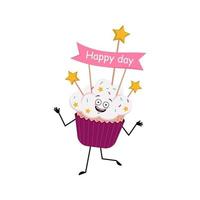 Cute cupcake character with joyful emotions vector