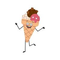 Cute ice cream character with emotions dancing, smile face vector