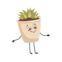 Cute character indoor plant in a pot with joyful emotions vector