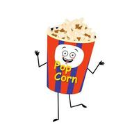 Cute popcorn character in a holiday box with happy emotions, dancing vector