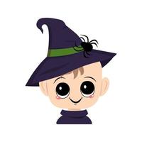 Child with eyes and a happy smile in a pointed witch hat with a spider vector