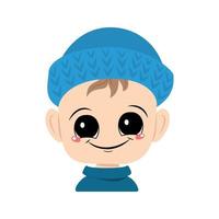 Avatar of a child with big eyes and a wide smile in a blue knitted hat vector