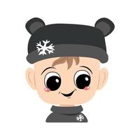 Child with big eyes and a wide smile in a bear hat with a snowflake vector