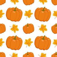 Autumn seamless pattern with ginger pumpkins and maple leaves. vector