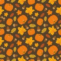 Seamless pattern with pumpkin, acorns and orange maple and oak leaves vector