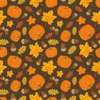 Seamless pattern with pumpkin, acorns and orange maple and oak leaves vector