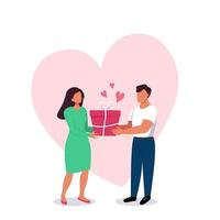 Man and woman with a gift box in their hands with a big hear vector