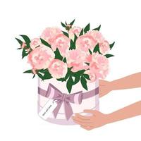 Hands hold flowers in a round box. Delivery of a bouquet of peonies vector