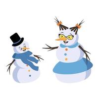 muñeco de nieve navideño y mujer de nieve con emociones alegres vector