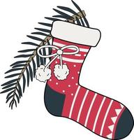 calcetín de año nuevo con patrones y una rama de árbol de navidad vector