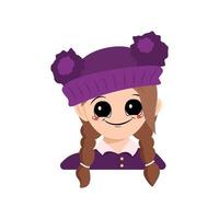 niña con ojos grandes y sonrisa feliz con un sombrero morado con un pompón vector