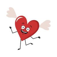 Character red heart with wings, joyful emotions, smile face, dancing vector