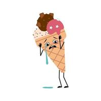 Ice cream character with crying and tears emotion, sad face vector