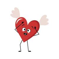 Character red heart with wings and emotions in a panic grabs his hea vector