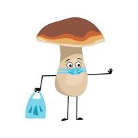 Mushroom character with sad emotions, face and mask keep distance vector