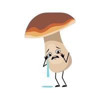 Mushroom character with crying and tears emotion, sad face vector