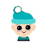 Child with big eyes and a wide happy smile in a blue hat with a pompom vector