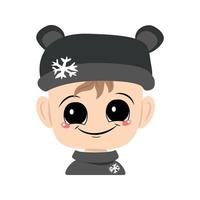 Child with big eyes and a wide smile in a bear hat with a snowflake vector