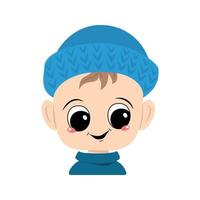 child with big eyes and a wide smile in a blue knitted hat vector