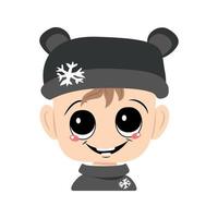 Child with big eyes and a wide smile in a bear hat with a snowflake vector