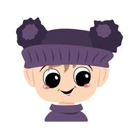 Child with big eyes and a happy smile in a violet hat with a pom pom vector