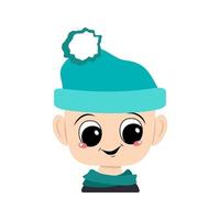 Child with big eyes and a wide happy smile in a blue hat with a pompom vector