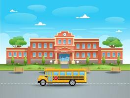 School. School bus at the school. Vector flat illustration