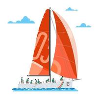 Red sail sailing yacht with a large team of 8 people. Sailing yacht. vector