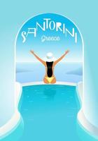 Chica en la piscina con las manos levantadas en el resort de Santorini vector