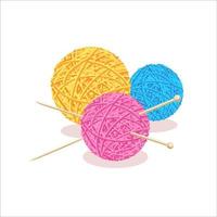 Yarn. Three balls, a ball of wool on the needles. vector