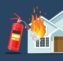 A fire extinguisher extinguishes the house. Fire safety vector